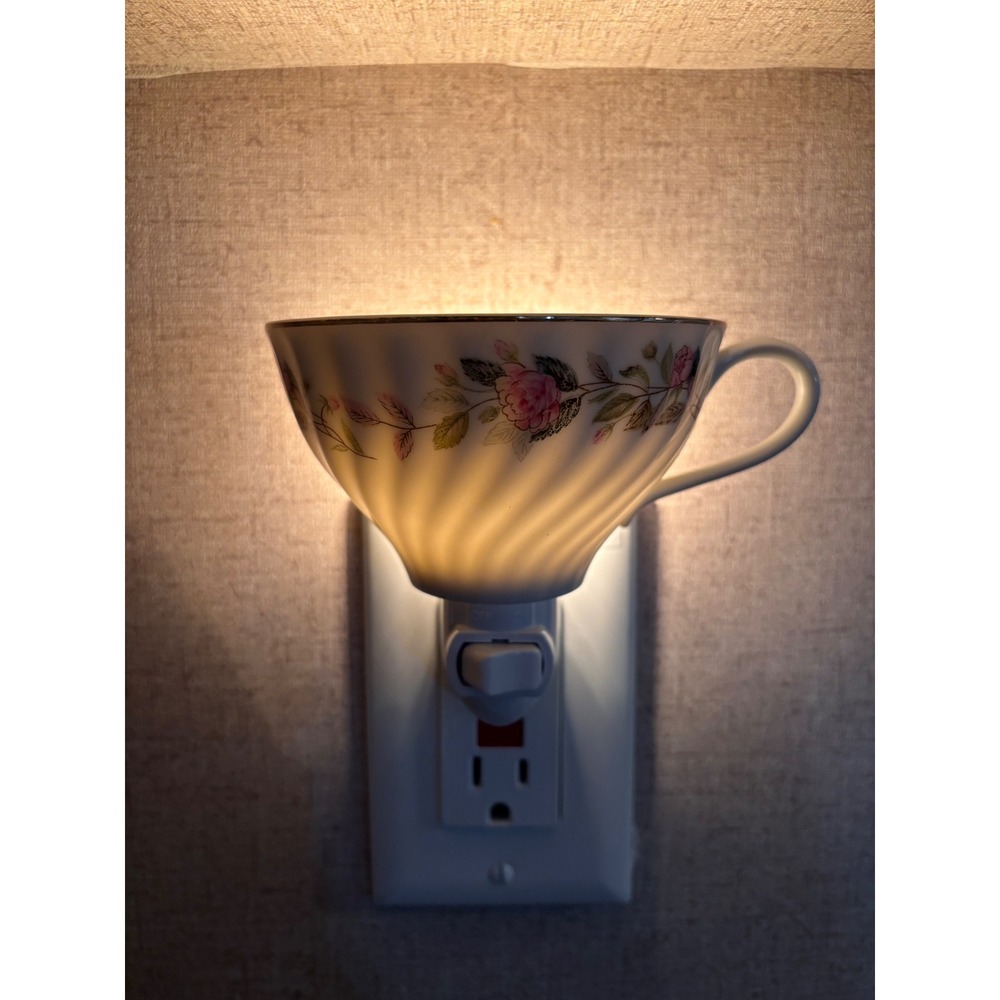 Vintage Floral Teacup Night Light Pink Rose Ceramic Shabby Chic Cottagecore Lamp